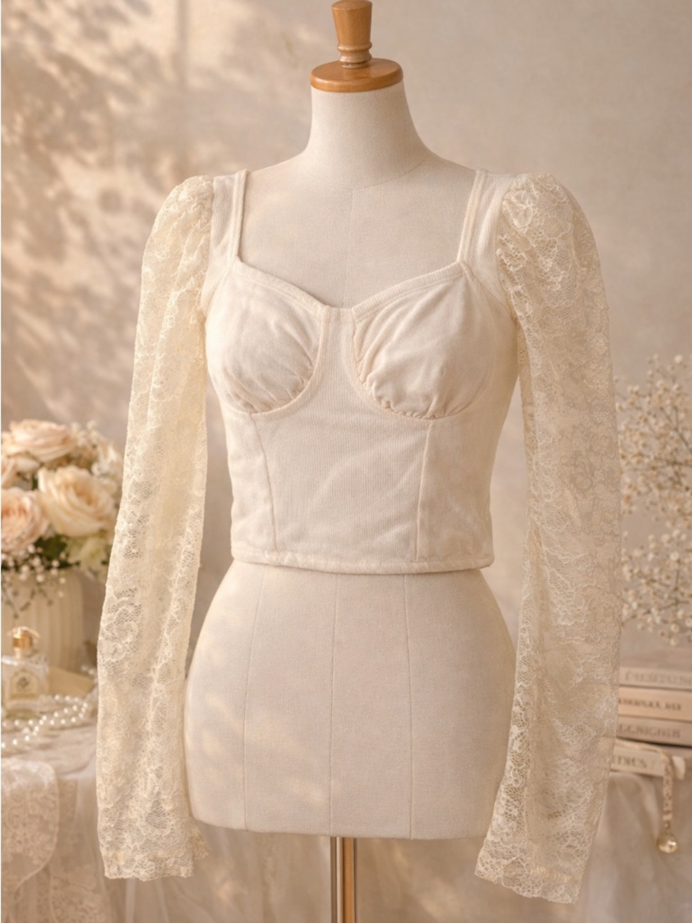 wild fable Cream Lace-Sleeve Square Neck Crop Top - Picture 1 of 9